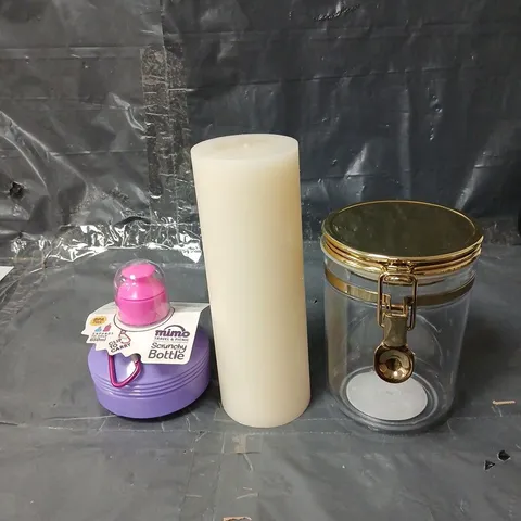 BOX OF APPROXIMATELY 10 HOUSEHOLD ITEMS TO INCLUDE STORAGE JAR, SCRUNCHY BOTTLE AND CANDLES