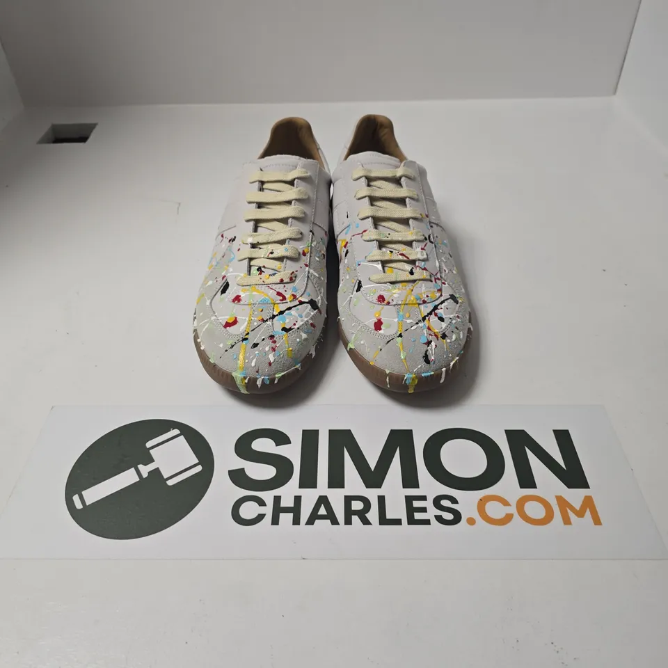 UNBOXED PAIR OF MAISON MARGIELA REPLICA PAINT SPLATTER SNEAKERS IN WHITE MULTI - SIZE 46