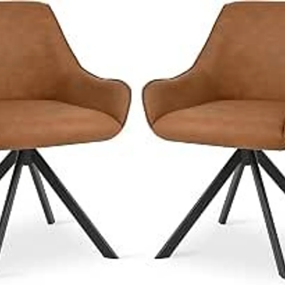 BOXED SET OF 2 360° SWIVEL KITCHEN CHAIRS WITH ARMRESTS, UPHOLSTERED, METAL LEG, GLOSSY BROWN
