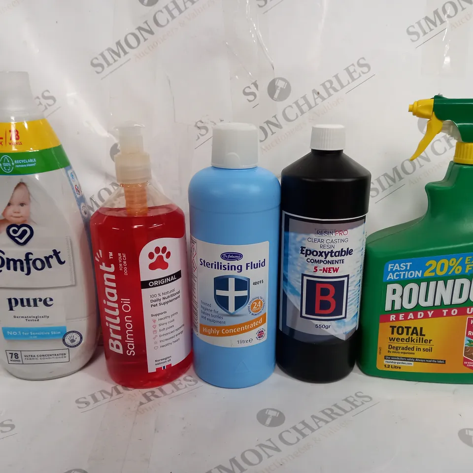 BOX OF APPROX 7 ASSORTED LIQUIDS TO INCLUDE - COMFORT PURE - BRILLIANT SALMON OIL - ROUNDUP READY TO USE ECT