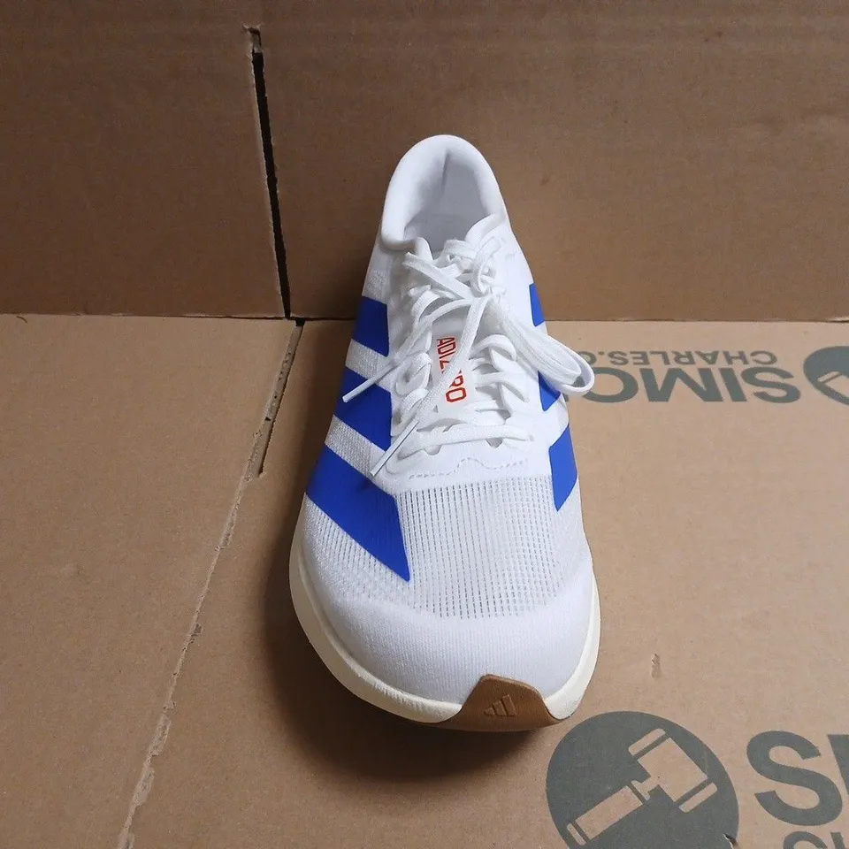 PAIR OF ADIDAS ADIZERO EVO SL TRAINERS IN WHITE/BLUE SIZE UK 10.5
