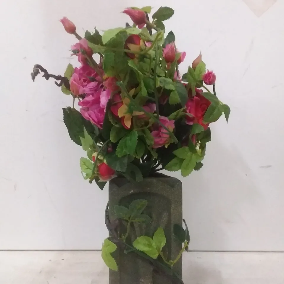 BOXED WILD ARTIFICIAL ROSE FLORAL ARRANGEMENT IN POT 