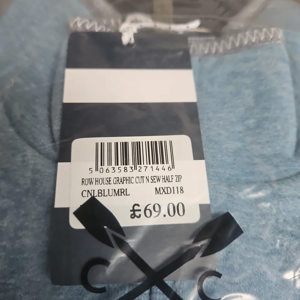 CREW CLOTHING COMPANY HALF ZIP HOODIE – LIGHT BLUE, XL (ROW HOUSE GRAPHIC CUT N SEW)