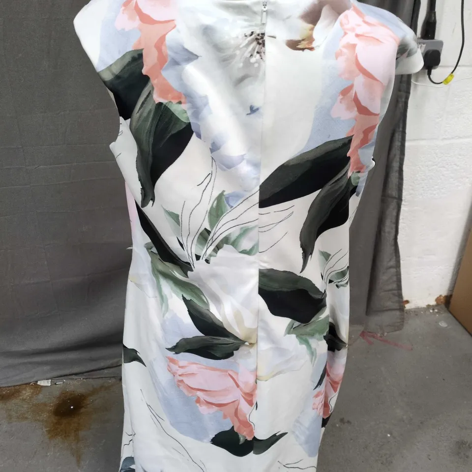 ROMAN WOMEN'S FLORAL DRESS – WHITE WITH PINK/PASTEL PRINT, BACK ZIP, SIZE 18