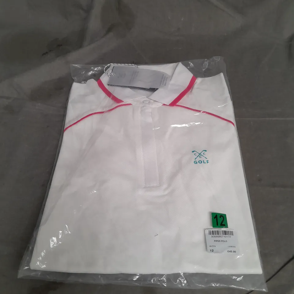 BAGGED CREW CLOTHING COMPANY GOLF PIPED POLO IN WHITE SIZE 12