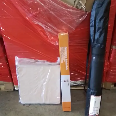 PALLET OF ASSORTED HOUSEHOLD GOODS AND PRODUCTS TO INCLUDE;YOGA MATS,RETRACTABLE SAFETY GATE,CUSHION