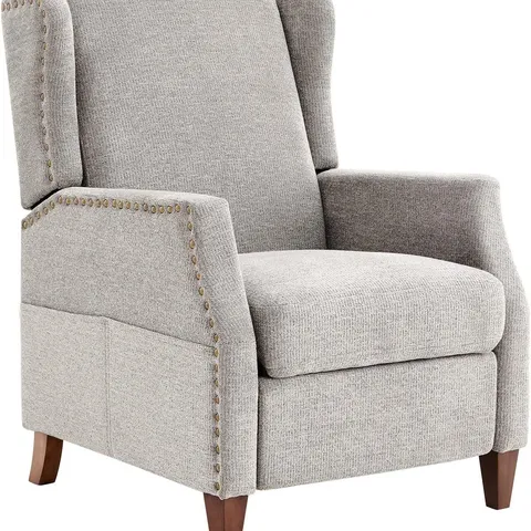 BOXED COLAMY WINGED RECLINER WITH WOOD LEGS AND NAILHEAD TRIM - LIGHT GREY (1 BOX)