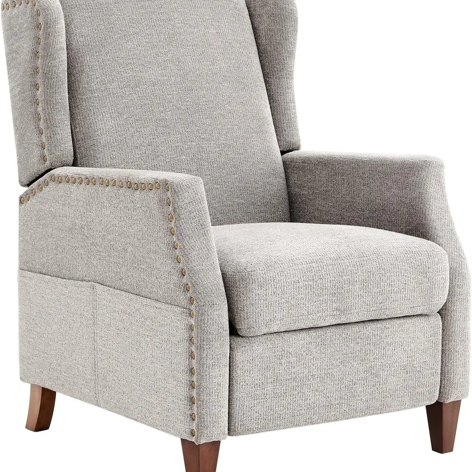 BOXED COLAMY WINGED RECLINER WITH WOOD LEGS AND NAILHEAD TRIM - LIGHT GREY (1 BOX)