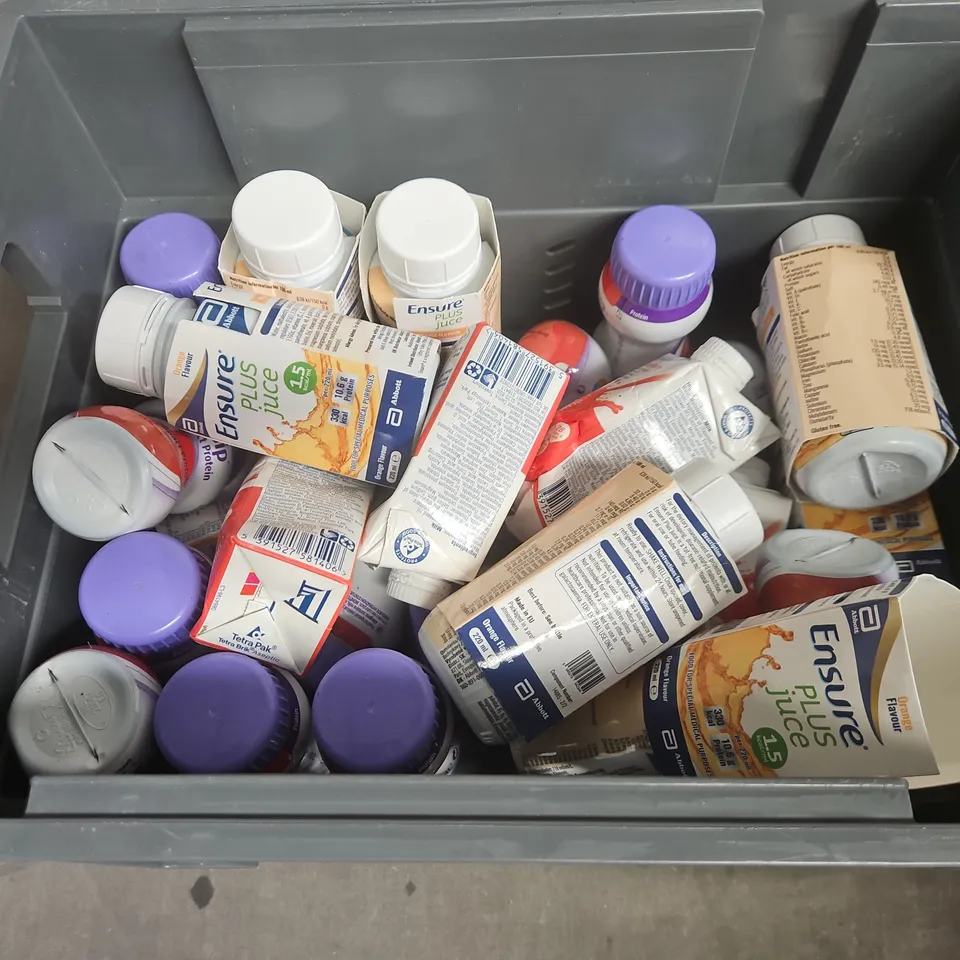 TOTE OF APPROXIMATELY 11 ASSORTED FOOD AND DRINK ITEMS TO INCLUDE ENSURE PLUS PURE JUICE , COMPACT PROTEIN , ETC