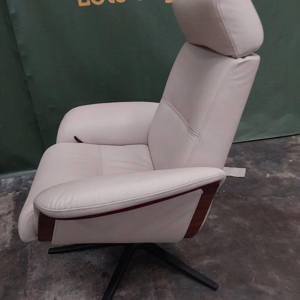 QUALITY BRITISH DESIGNER G PLAN MANUAL RECLINING SWIVEL CHAIR WITH FOOTSTOOL CAMBRIDGE CHALK LEATHER 