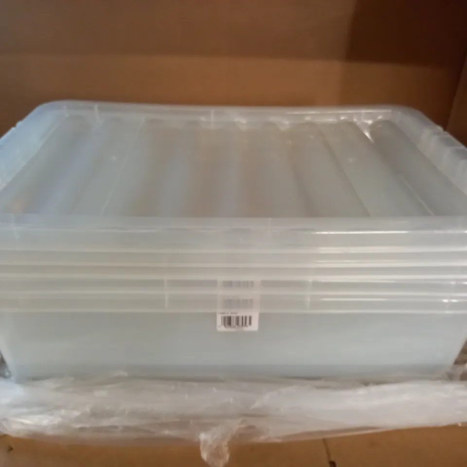 LOT OF 3 CLEAR PLASTIC CRATES WITH LIDS