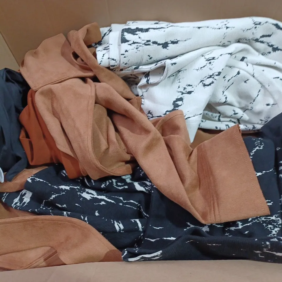 LARGE BOX OF ASSORTED CLOTHING ITEMS TOO INCLUDE SHIRTS AND COATS 