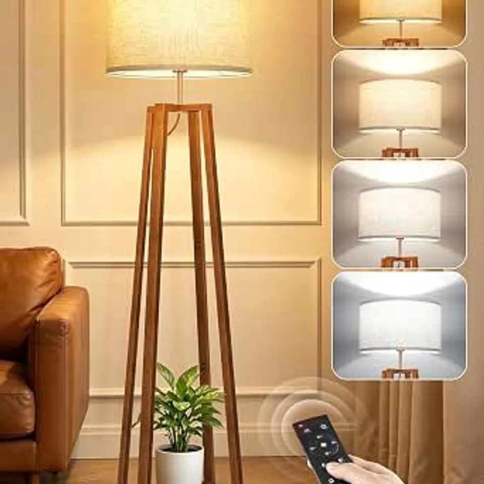 BOXED OUTON WOODEN TRIPOD FLOOR LAMP WITH REMOTE CONTROL AND DIMMING