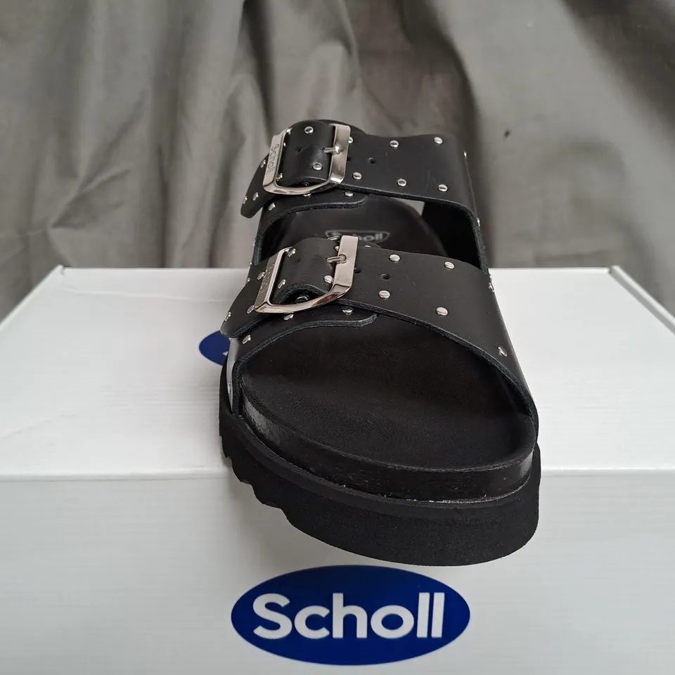 BOXED SCHOLL RAISED BLACK OPEN TOE SANDALS - SIZE 6