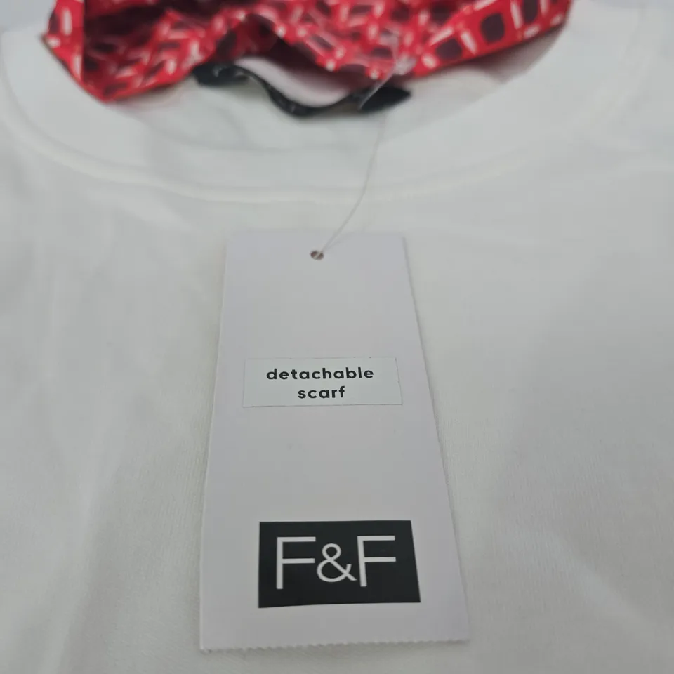TESCO F&F WHITE T‑SHIRT WITH DETACHABLE SCARF – UK 8