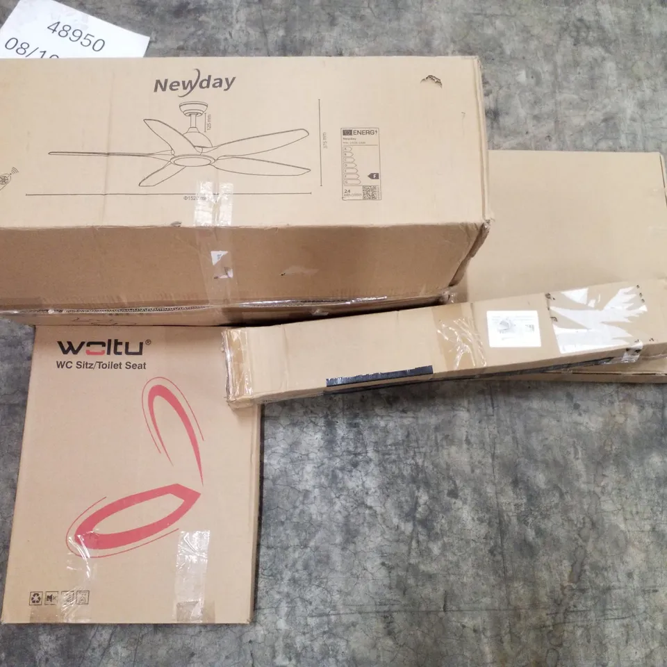 PALLET OF ASSORTED PRODUCTS INCLUDING CEILING FAN, BACKDROP STAND, WALL CLOCK, TOILET SEAT, OFFICE CHAIR 