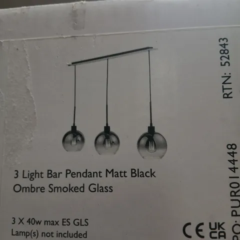 BOXED DAR LYCIA 3 LIGHT BAR PENDANT MATT BLACK OMBRE SMOKED GLASS