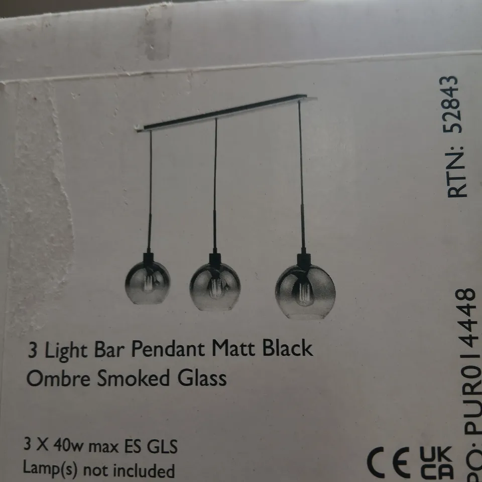 BOXED DAR LYCIA 3 LIGHT BAR PENDANT MATT BLACK OMBRE SMOKED GLASS