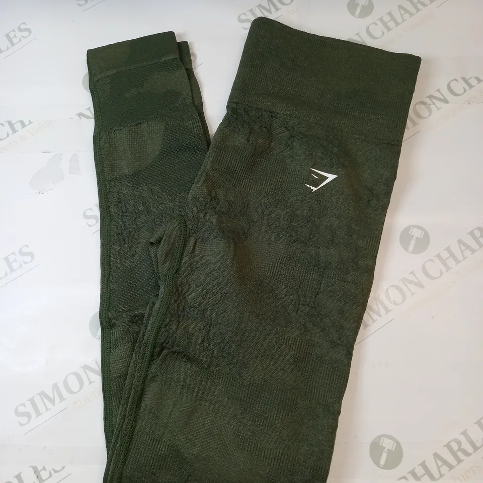 GYMSHARK TEXTURED PRINT LEGGINGS IN KHAKI GREEN SIZE SMALL