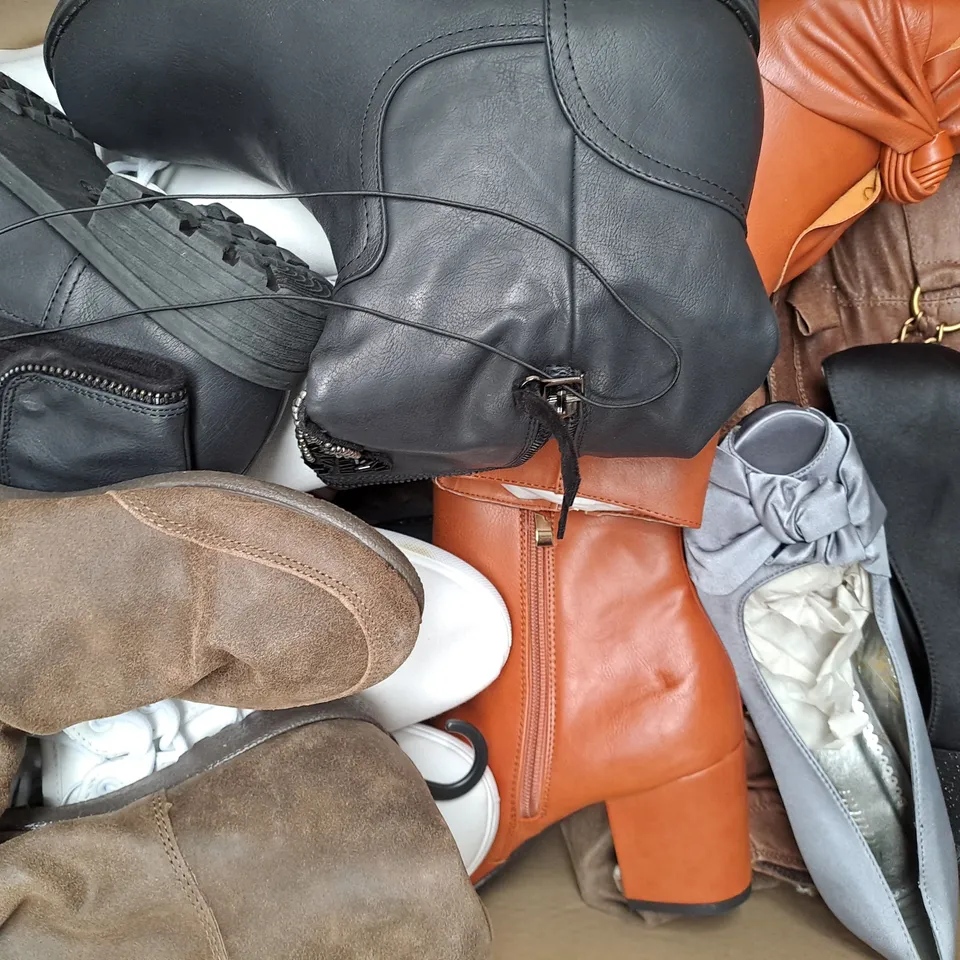BOX OF APPROXIMATELY 10 ASSORTED PAIRS OF SHOES IN VARIOUS COLOURS, STYLES, AND SIZES