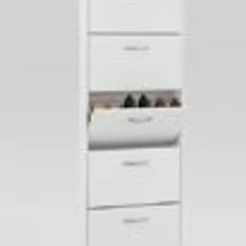 BOXED OAK TREE AND WHITE STEP FIVE SHOE CABINET WITH FIVE SHOE COMPARTMENTS HAS A MELAMINE SURFACE TO PROTECT FROM HEAT AND SCRATCHES 