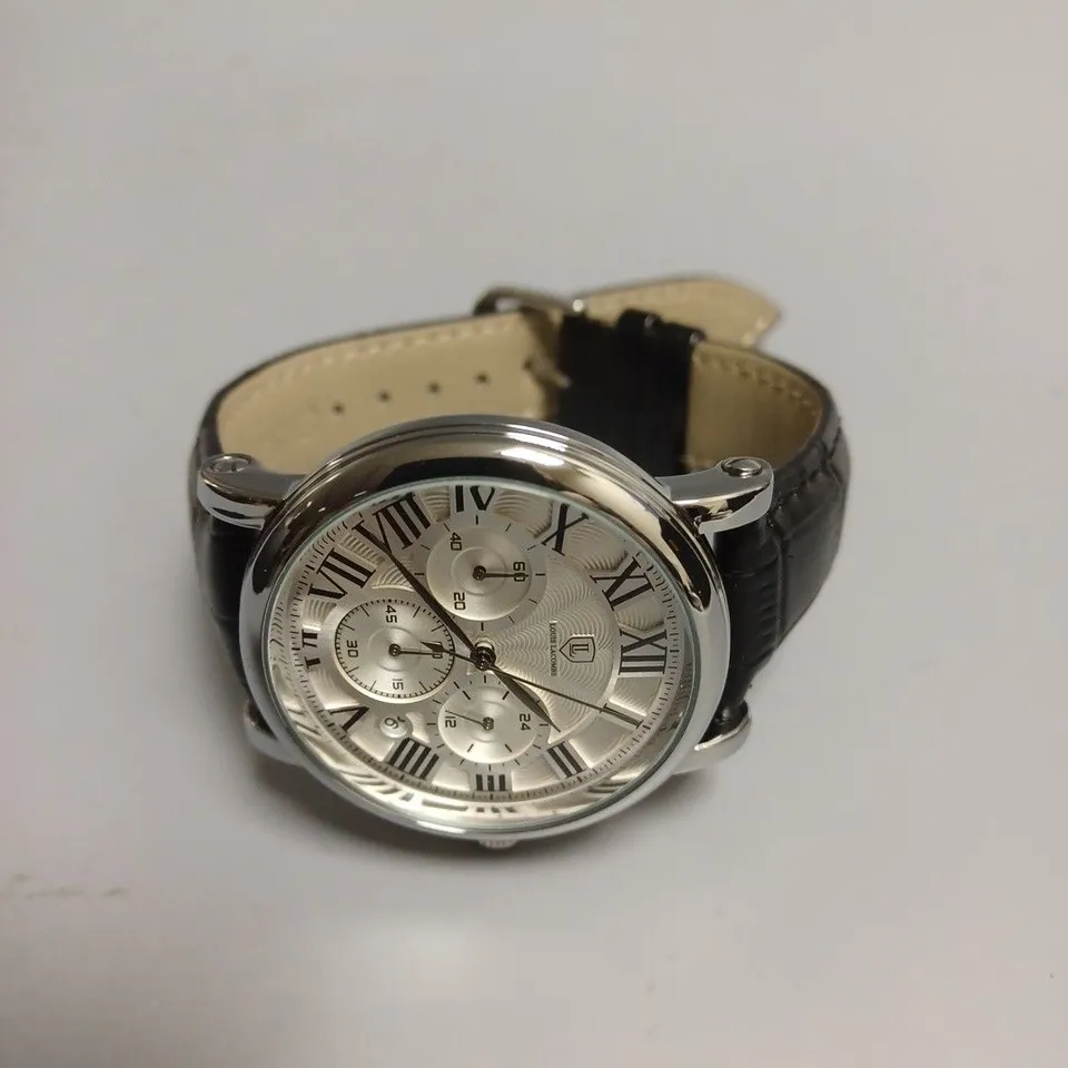 MENS LOUIS LACOMBE CHRONOGRAPH WATCH – MULTI FUNCTION DIAL WITH DATE – ROMAN NUMERAL DIAL – LEATHER STRAP