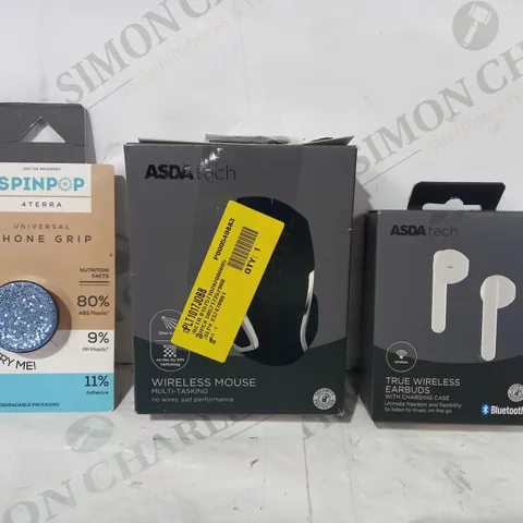 BOX OF APPROXIMATELY 15 ASSORTED ELECTRICAL ITEMS TO INCLUDE ASDA TECH TRUE WIRELESS EARBUDS, ASDA TECH WIRELESS MOUSE, SPINPOP UNIVERSAL PHONE GRIP, ETC