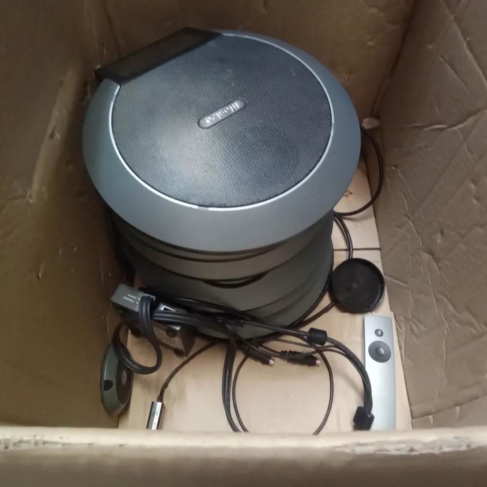 BOX OF ASSORTED TECH INCLUDING LIFESIZE ROOM 220, STABILISED POWER SUPPLY, TDK TREMOR SPEAKER, BELKIN OMNIVIEW CAT5 KVM EXTENDER, LIFESIZE CONFERENCE PHONE, LIFESIZE 10× CAMERA