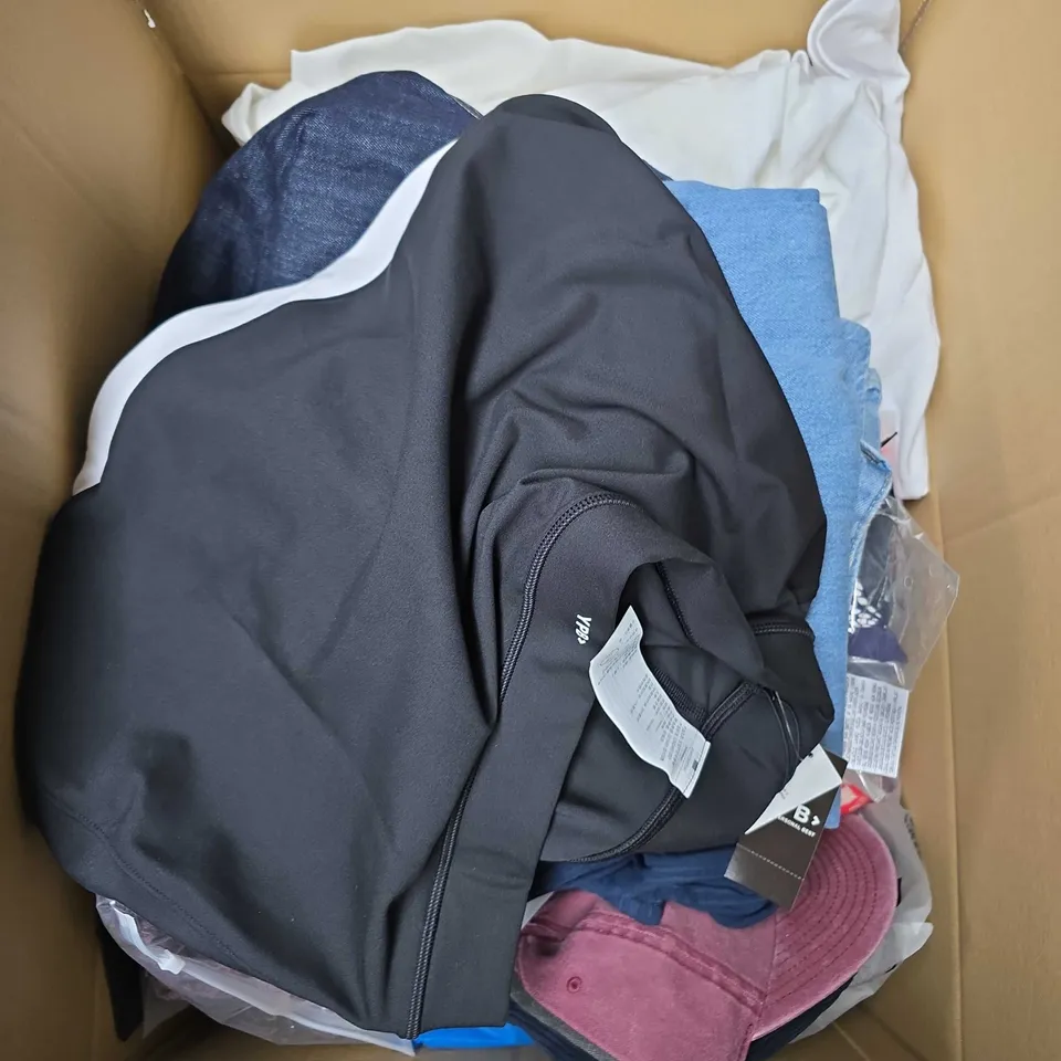 LARGE BOX OF APPROXIMATELY 20 ASSORTED CLOTHING ITEMS IN VARIOUS SIZES, STYLES AND COLOUR 