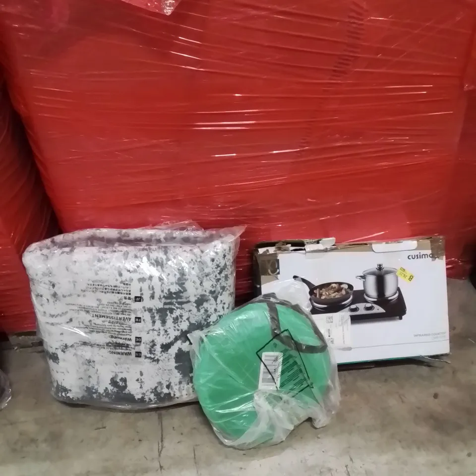 PALLET OF ASSORTED HOUSEHOLD GOODS AND PRODUCTS TO INCLUDE;KIDS POPUP TENT,AREA RUG,INFARED COOKTOP