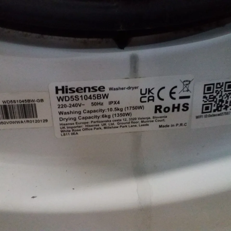 HISENSE 5S SERIES WD5S1045BW 60CM FREESTANDING 10.5/6 KG FRONT LOAD INVERTER WASHER DRYER WITH AUTO DOSE WIFI ENABLED STEAM WASH - 19 PROGRAMS 1400 RPM WHITE ENERGY RATING A/D [ENERGY CLASS A]