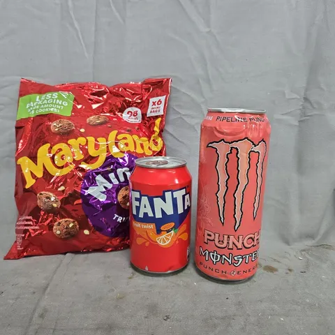 APPROXIMATELY 5 ASSORTED FOOD AND DRINK ITEMS TO INCLUDE MONSTER PUNCH, MARYLAND MINIS, ETC