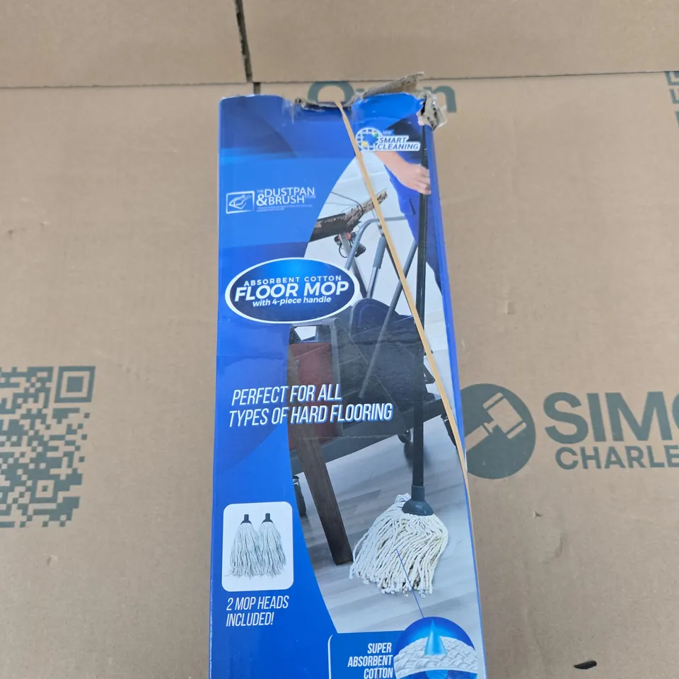 ABSORBENT COTTON FLOOR MOP WITH 4-PIECE HANDLE – BOXED (2 MOP HEADS INCLUDED)