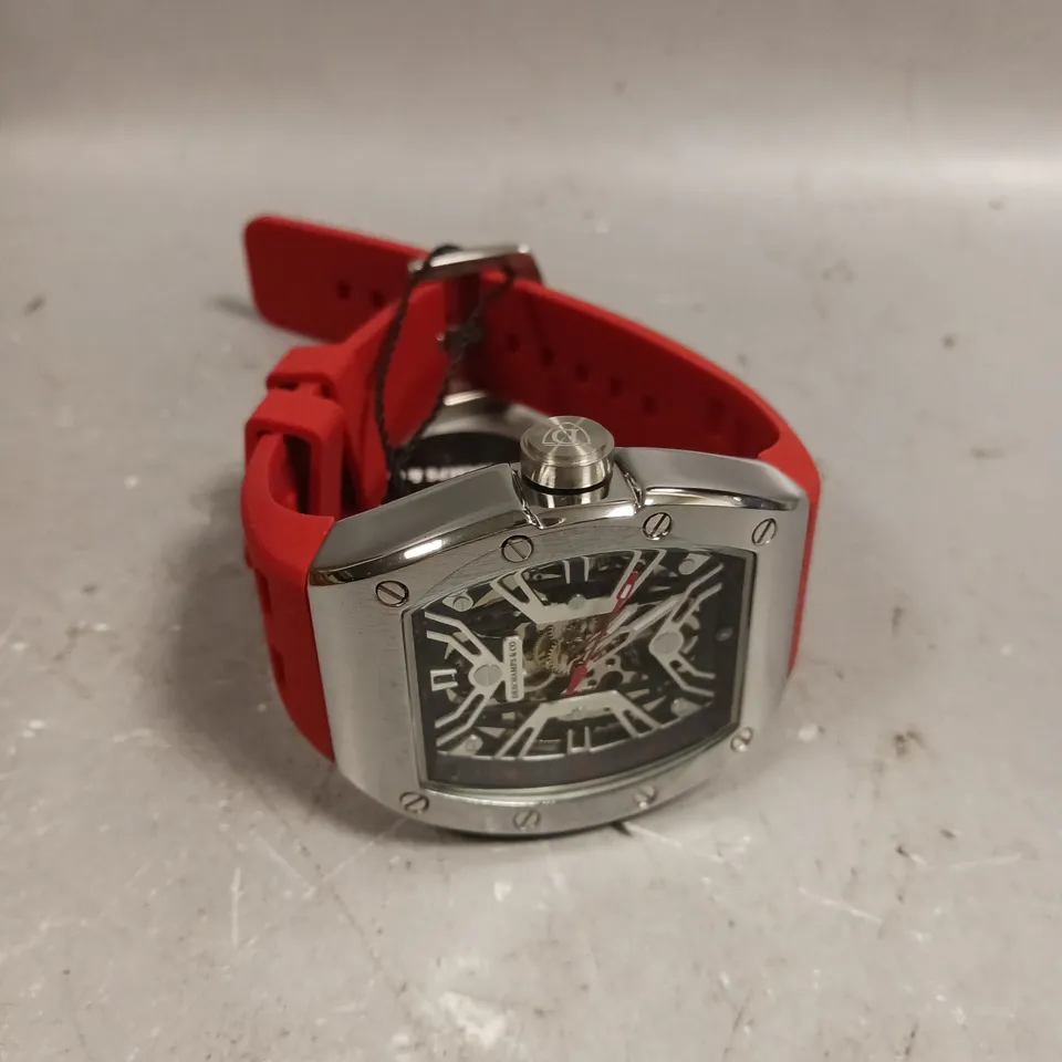 MENS AUTOMATIC DESCHAMPS & CO WATCH – SKELETON DIAL – GLASS EXHIBITION BACK CASE – RUBBER STRAP