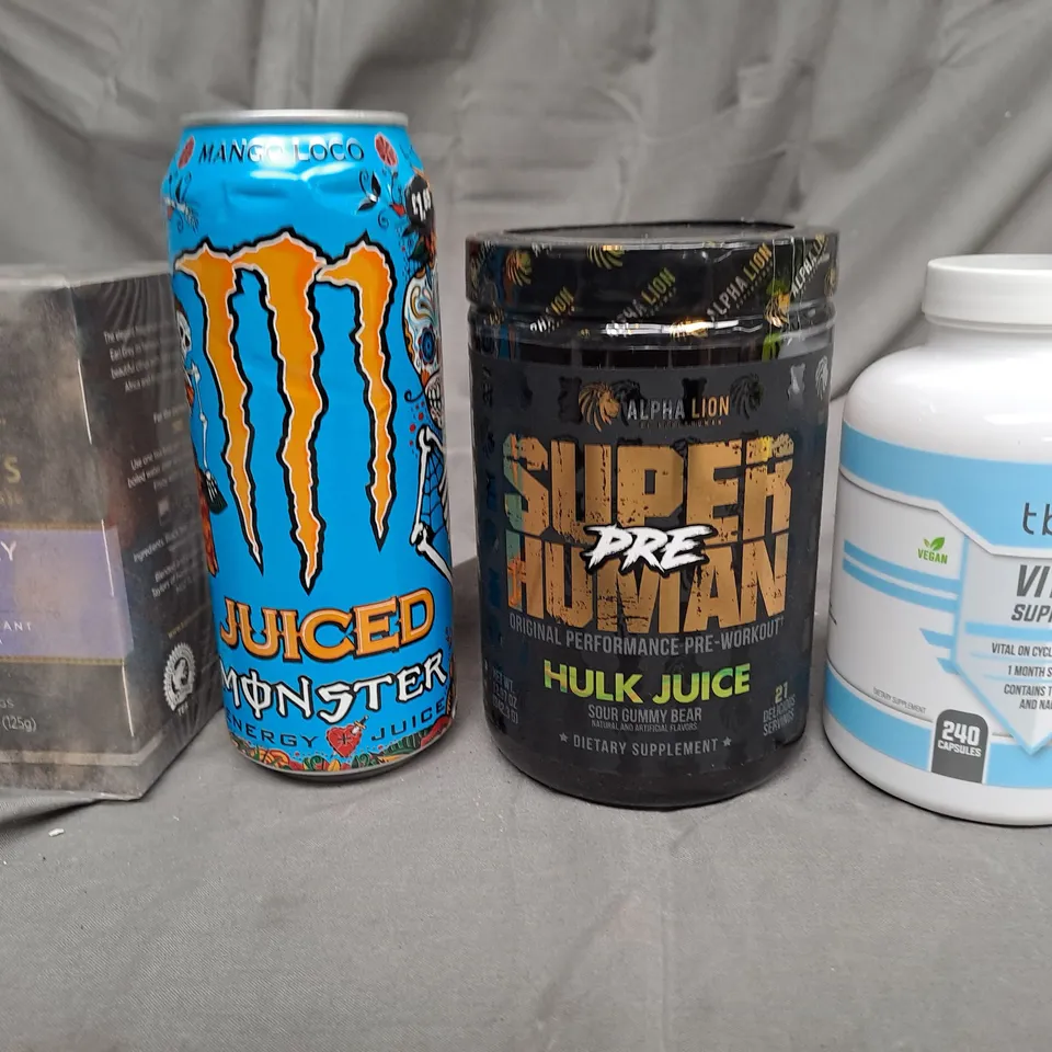 BOX OF APPROXIMATELY 10 ASSORTED ITEMS TO INCLUDE PRE WORKOUT, MONSTER ENERGY, GREY TEA ETC
