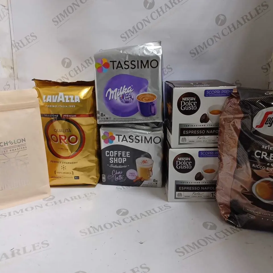 LOT OF 7 ITEMS TO INCLUDE SEGAFREDO SELEZIONE CREMA BEANS (1KG), TASSIMO MILKA (8X30g), LAVAZZA QUALITA ORO COFFEE BEANS (1KG), ETC