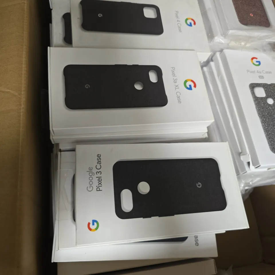BOX OF APPROXIMATELY 50 GOOGLE PHONE CASES INCLUDING PIXEL 3 CASE AND PIXEL 4A CASE 