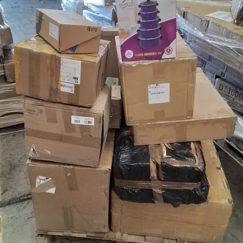 PALLET CONTAINING VARIOUS ASSORTED BOXED ITEMS TO INCLUDE, ENAMEL CASSEROLE DISH SET, HEDGE TRIMMER, KIDS TRAINERS, AREA RUGS ECT.