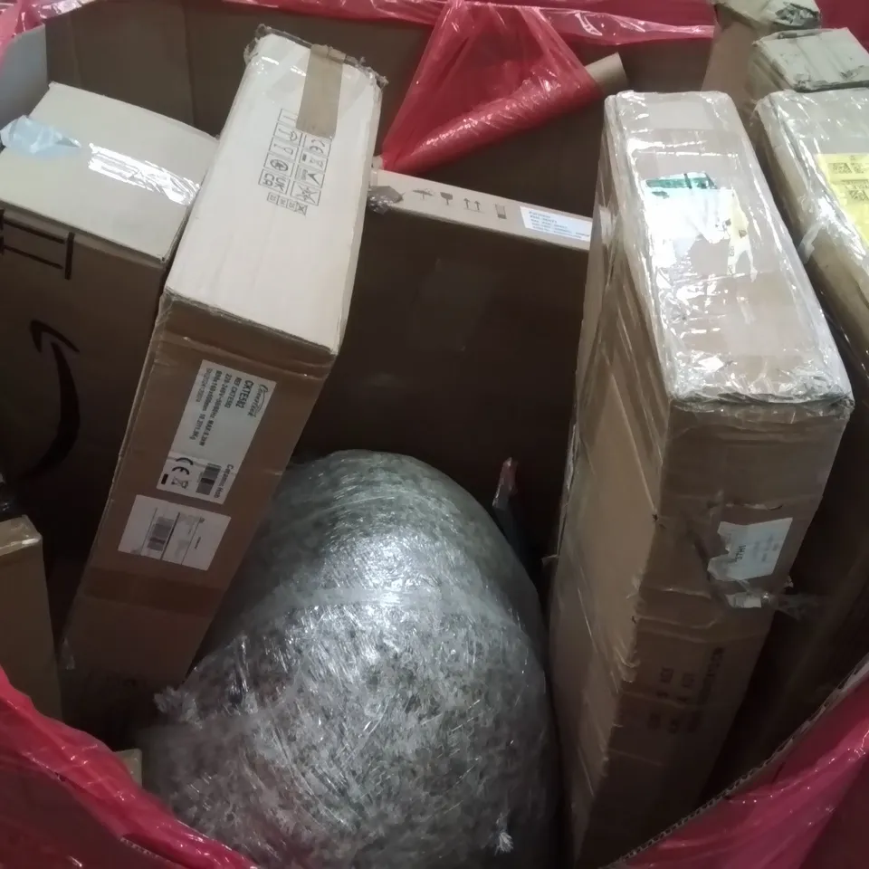 PALLET CONTAINING VARIOUS ASSORTED BOXED HOUSEHOLD ITEMS TO INCLUDE: ROLLER BLINDS, LARGE THROW, CERAMIC HOBS AND LOTS MORE UNMARKED BOXED ITEMS 