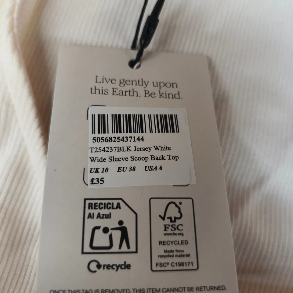 NOBODY'S CHILD JERSEY WHITE WIDE-SLEEVE SCOOP-BACK TOP, UK 10 