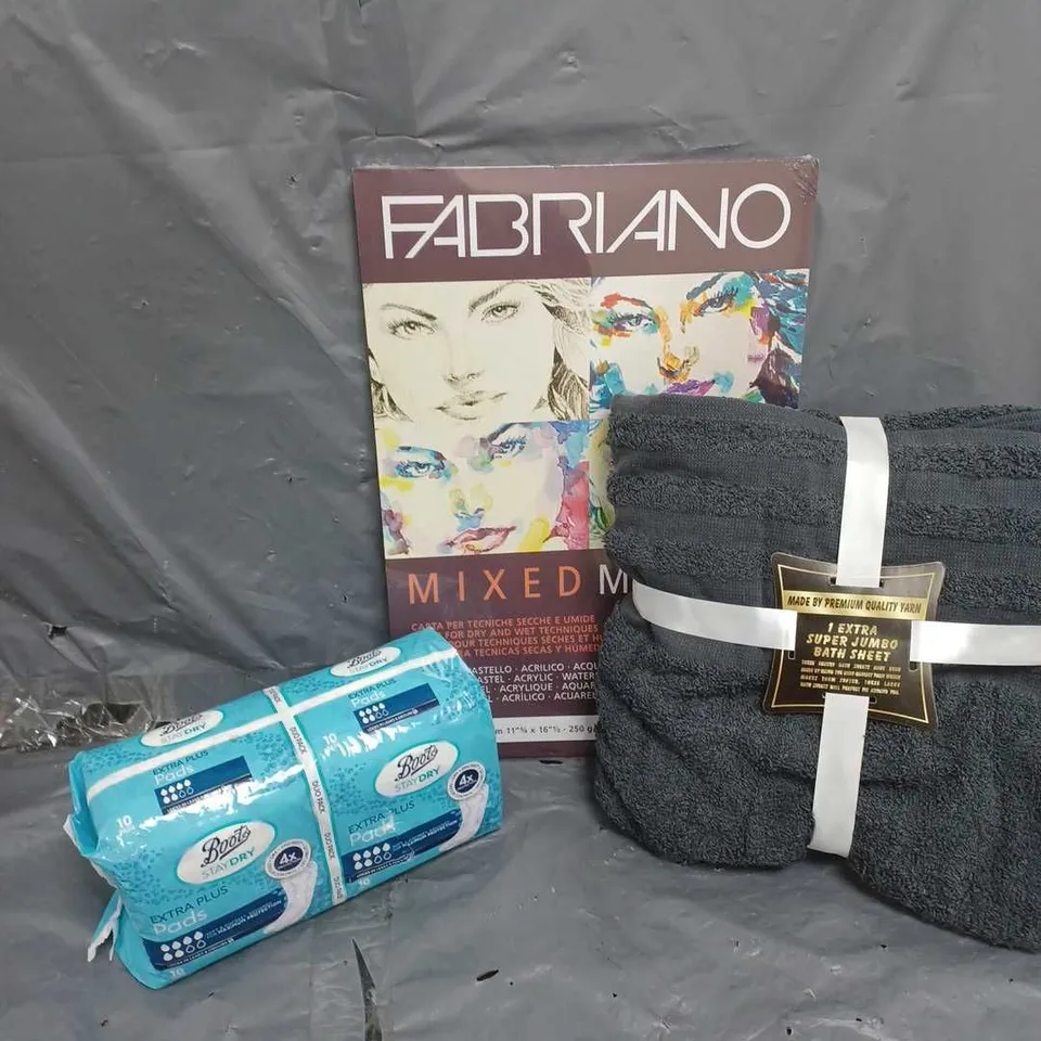 APROXIMATELY 20 ASSORTED HOUSEHOLD ITEMS TO INCLUDE JUMBO BATH SHEET, BOOTS STAYDRY PADS, FABRIANO MIXED MEDIA PAD, ETC