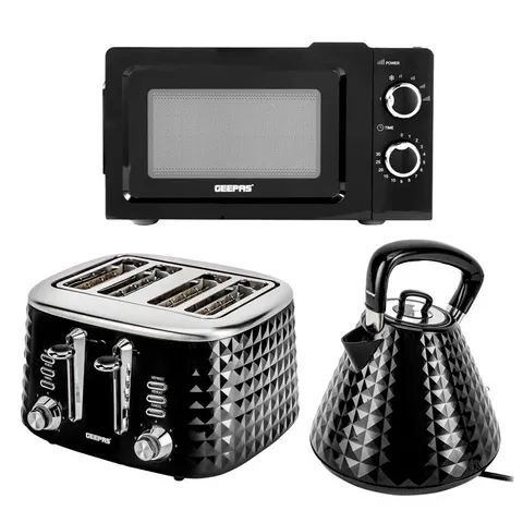 BOXED GEEPAS 1.5L ELECTRIC KETTLE, 4 SLICE TOASTER & 20L MICROWAVE - 3 PIECE SET