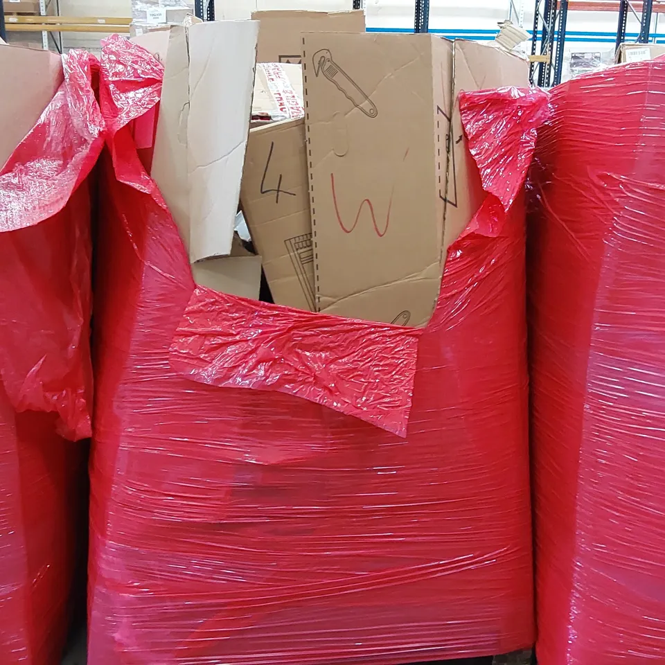 PALLET OF ASSORTED ITEMS INCLUDING: NOTEBOOK FOLDING GRILL, THERMOSTATIC MIXER SHOWER, FABRIC WARDROBE, SHELVES, MUSIC BOXING TARGET ECT