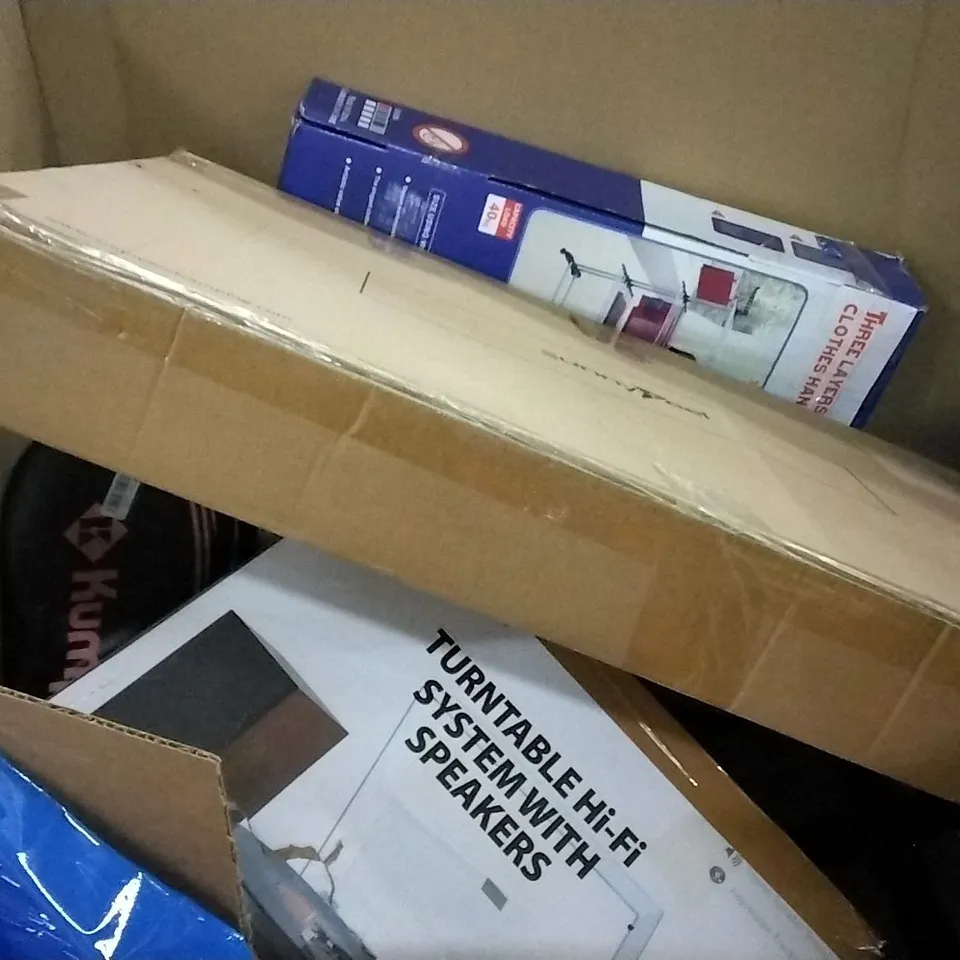 PALLET OF ASSORTED ITEMS INCLUDING A CAT WINDOW PERCH , CAT LITTER BOX , 3 EV CHARGER CABLE,  LED CRYSTAL LIGHT