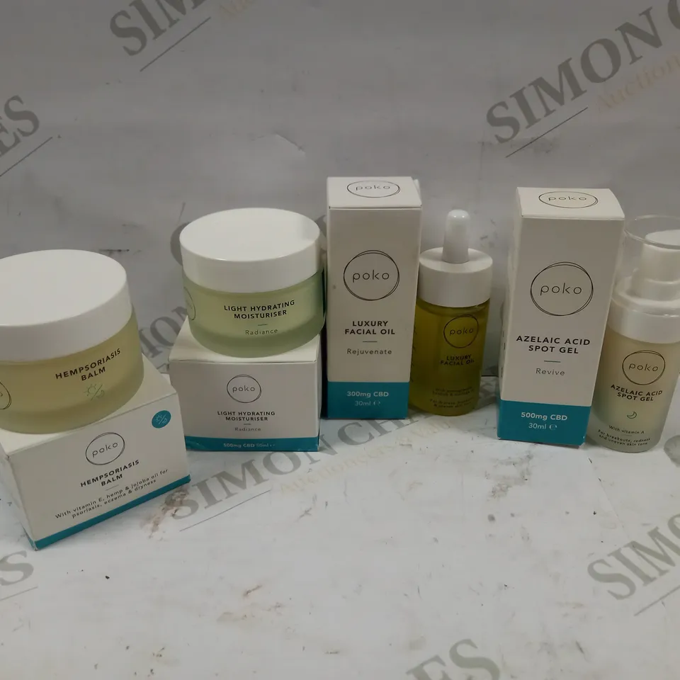 LOT OF 4 POKO HEALTH PRODUCTS TO INCLUDE AZELAIC ACID SPOT GEL, LUXURY FACIAL OIL, HEMPSORIASIS BALM, LIGHT HYDRATING MOISTURISER