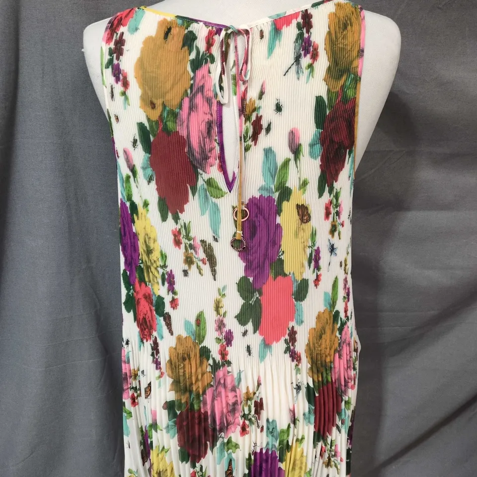 WOMEN'S TED BAKER  FLORAL PRINT PLEATED SLEEVELESS DRESS - SIZE LARGE