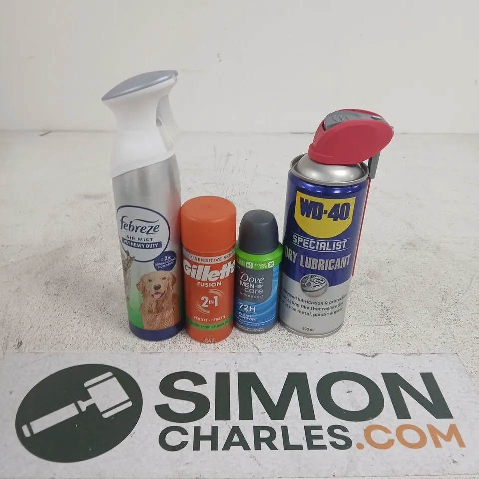 APPROXIMATELY 15 ASSORTED AEROSOLS TO INCLUDE WD-40, GILLETTE FUSION, DOVE MEN CARE, ETC