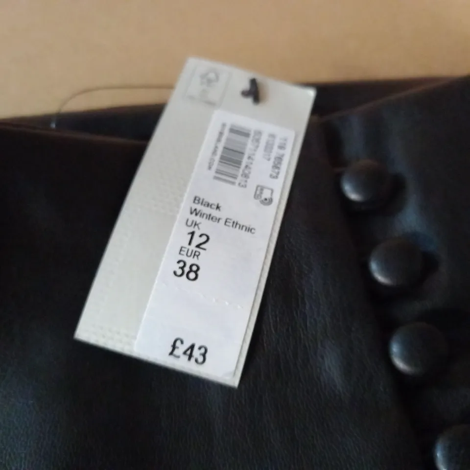 RIVER ISLAND BLACK LONGLINE LEATHER LOOK SKIRT - UK 12