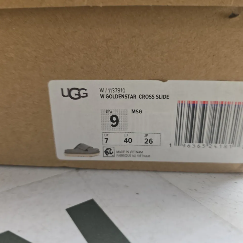 BOXED PAIR OF WOMENS UGG GOLDENSTAR CROSS SLIDE – OLIVE GREEN, UK 7 (EU 40)