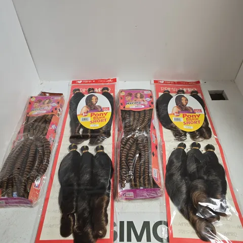 BAG OF APPROXIMATELY 5 VARIOUS HAIR EXTENSIONS INCLUDING PRIMA AFRO PONY BRAID SHORT AND ANGELS HAIR COLLECTION HAVANNA CURL